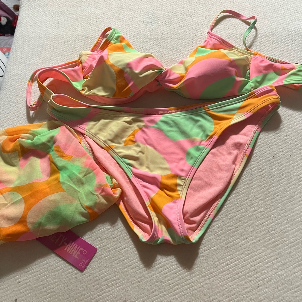 Peach Yellow and Green Bikini with Matching Skirt